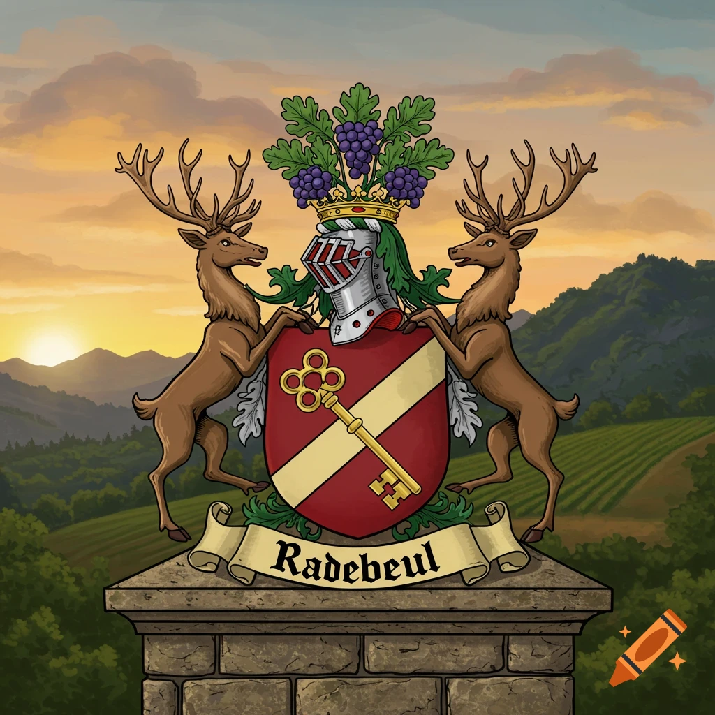 An illustrated coat of arms featuring two stags, a shield with a key, helmet, grapes, and a banner reading 'Radebeul' against a sunset vineyard.