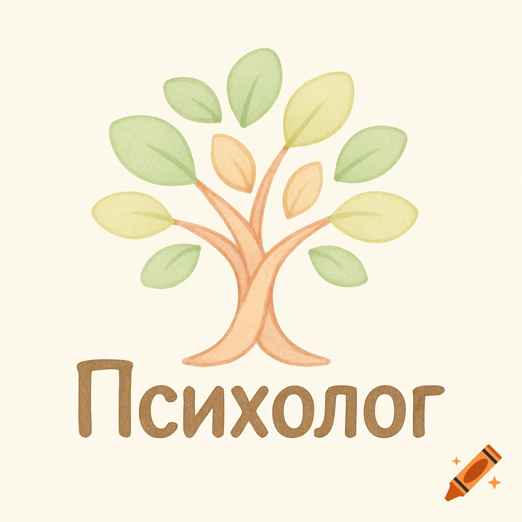 A soft watercolor-style logo featuring a tree with green and peach leaves on a light background, with the word "Психолог" (Psychologist) in brown below it.