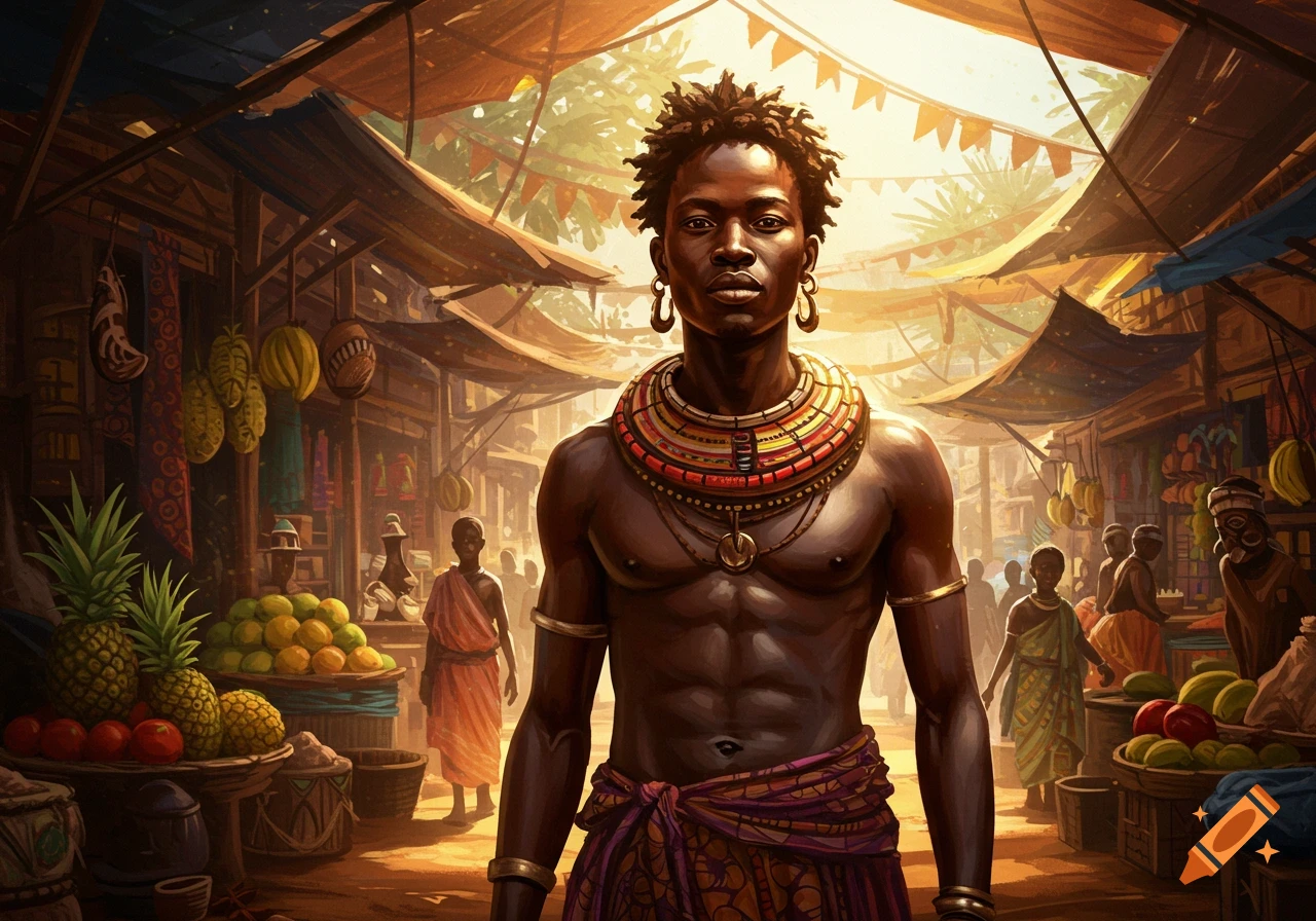 A muscular Black man in traditional jewelry and wrap stands in a bustling, sunlit outdoor market with fruit stalls and people, digital painting.