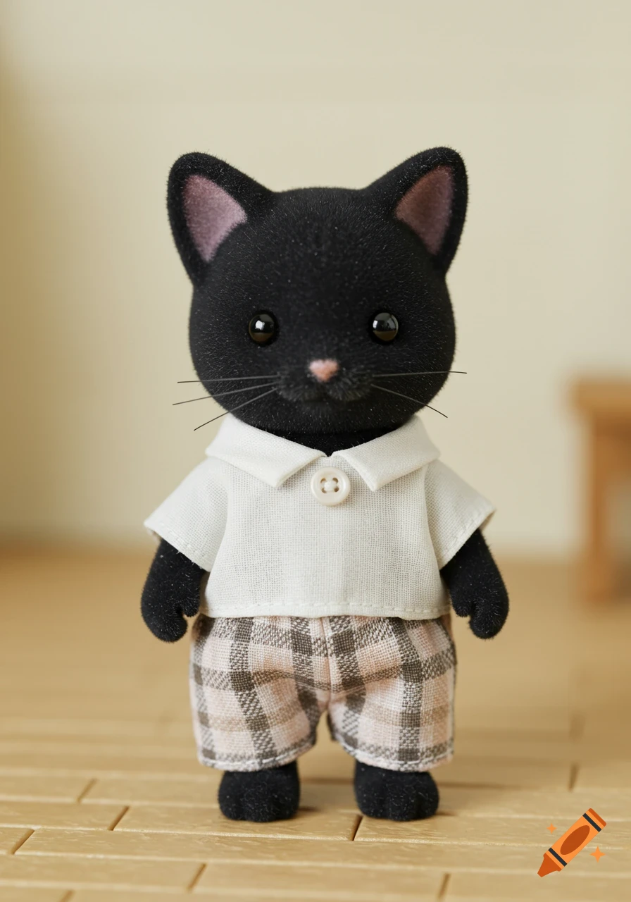 A realistic black cat doll in Sylvanian Families style, wearing a white shirt and plaid pants, standing on a wooden surface.