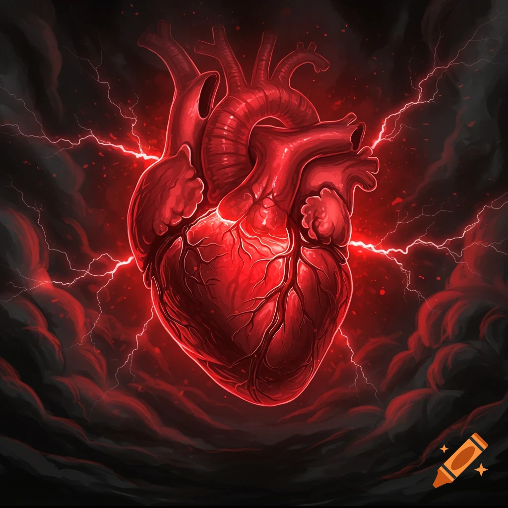 Stylized anatomical heart glowing bright red with vibrant red lightning striking around it against a dark, stormy background.