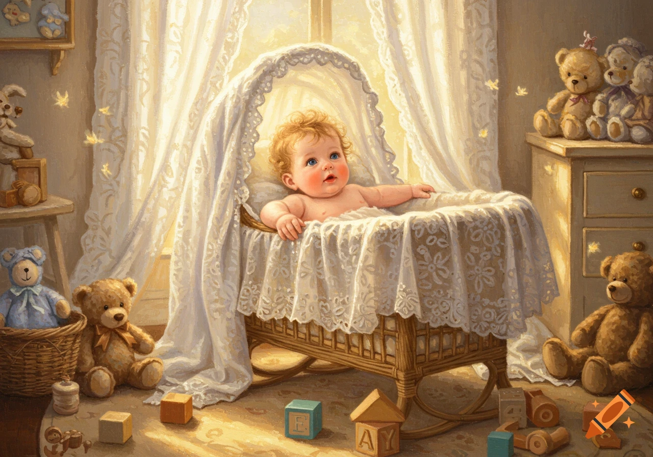 A wide-eyed baby with blonde curls lies in an ornate crib in a sunny nursery filled with toys. Painterly style.