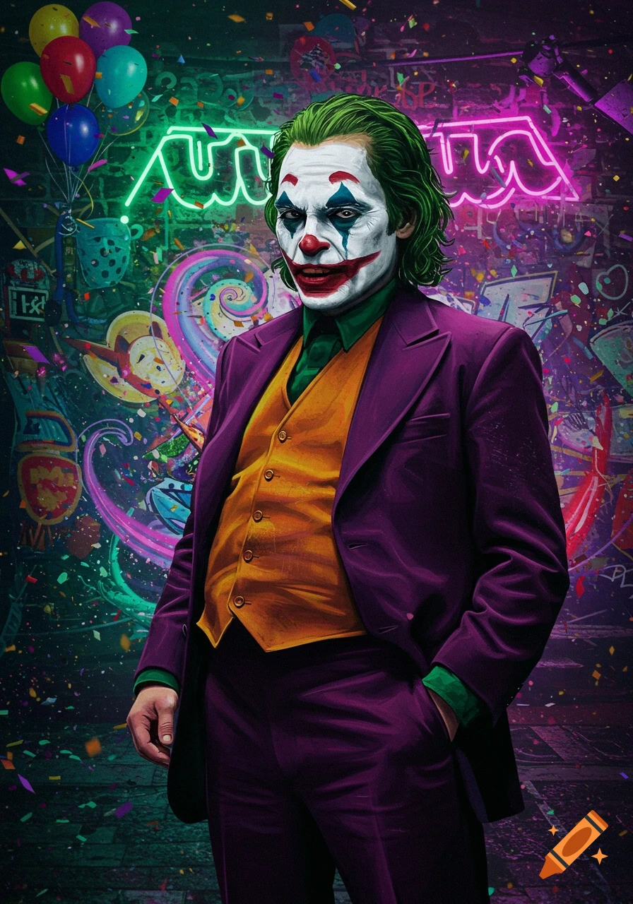 The Joker in his purple suit and clown makeup stands against a vibrant graffiti wall with neon signs, balloons, and falling confetti.
