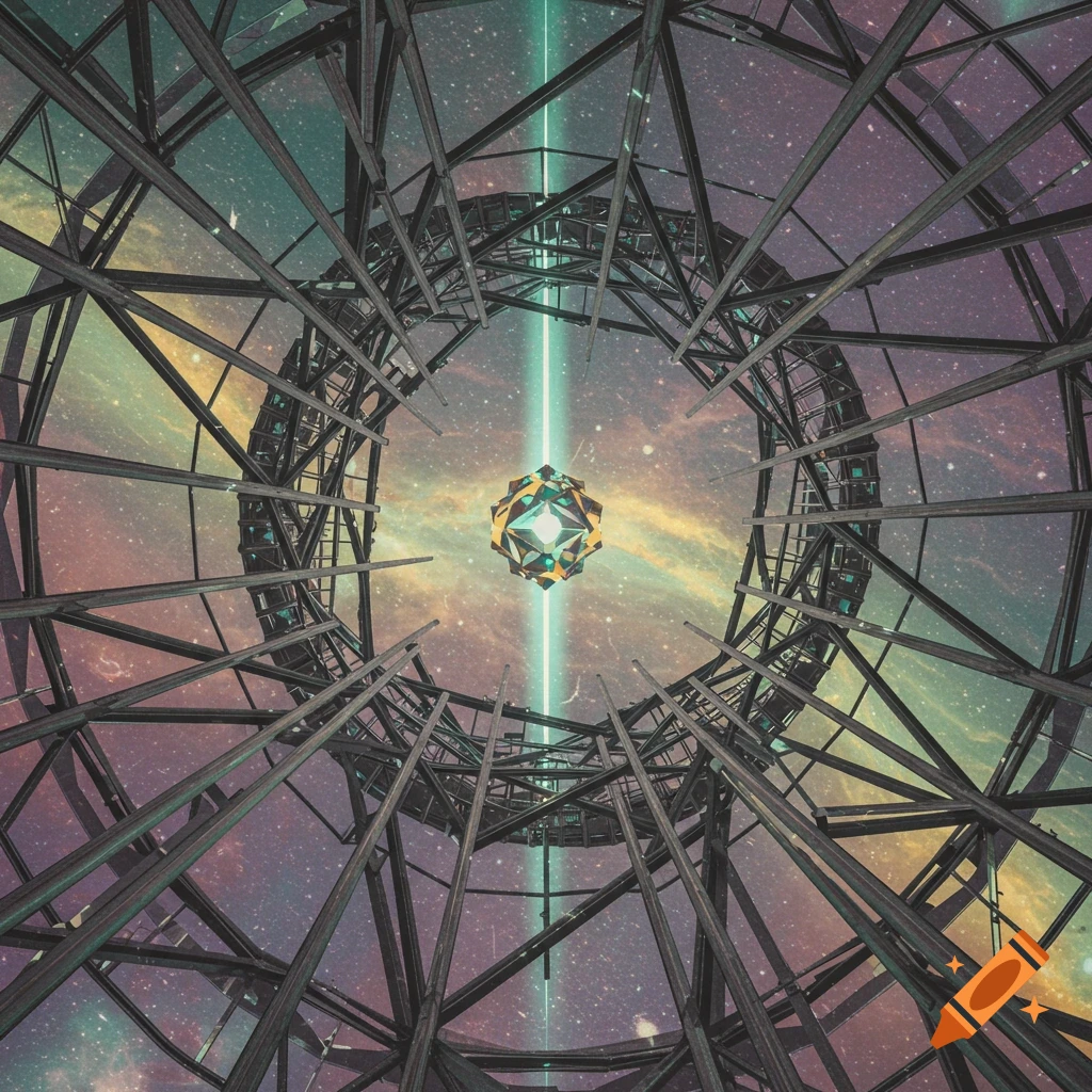 Surreal inside view of a spiraling architectural frame with a glowing geometric luminary against a cosmic sky.