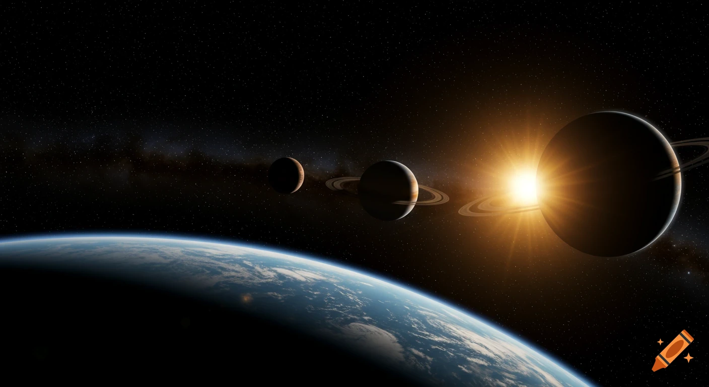 Photorealistic view of Earth from space, with a line of planets, including Saturn, and a bright star in the dark, starry cosmos.