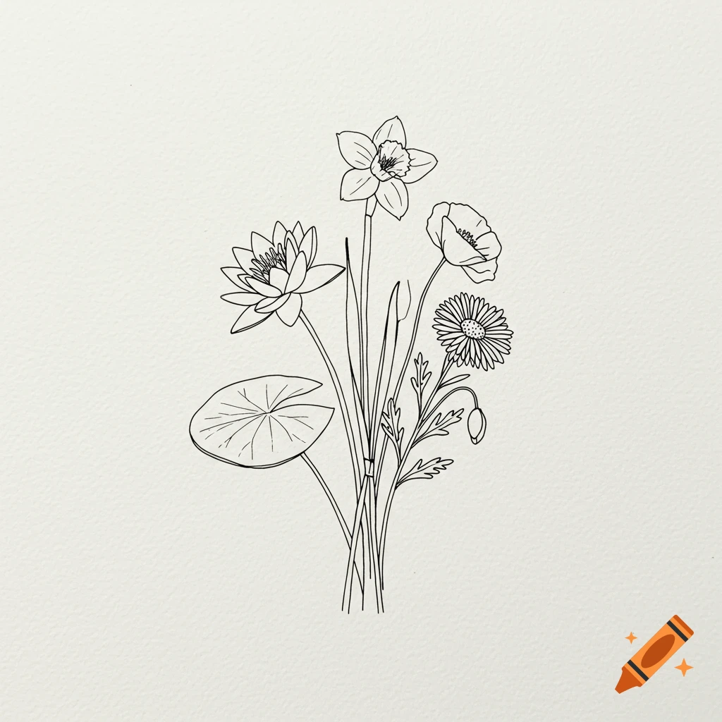 Black and white minimalist line drawing of a bouquet with a water lily, daffodil, poppy, and aster on an off-white background.