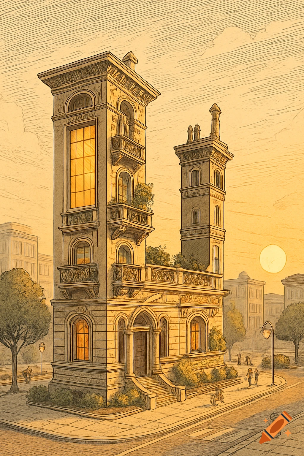 An artistic illustration of an L-shaped building with balconies and windows, on a city street at sunset, with trees and people.