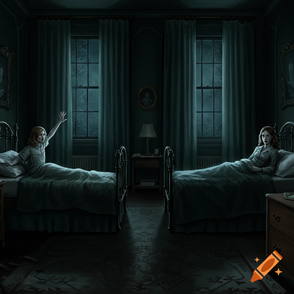 Two women in separate beds in a dark, gothic bedroom at night. One woman sits up terrified, hand outstretched, as the other watches.