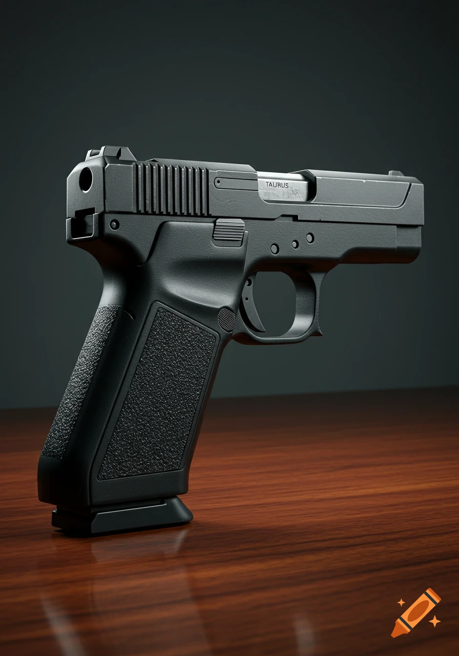A black Taurus pistol on a reflective wooden table with a dark background.