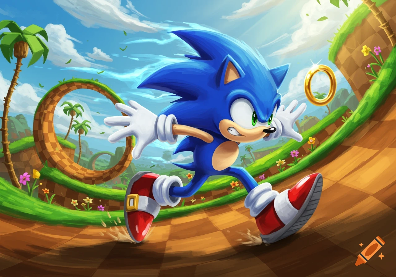 Sonic the Hedgehog runs on a checkered path through a vibrant, lush landscape with loops and palm trees, a golden ring in the air.