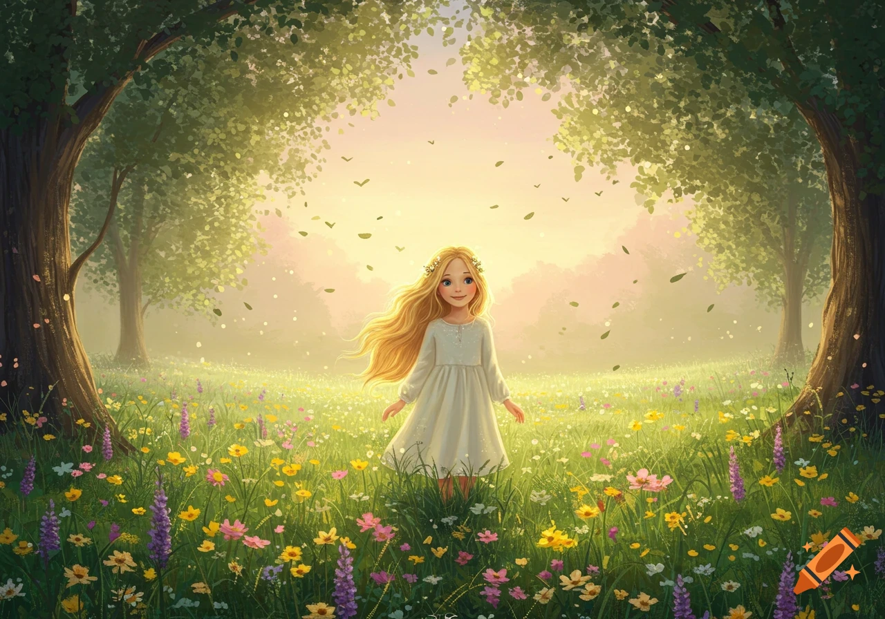 A smiling blonde girl in a white dress stands in a vibrant wildflower meadow between two large trees with leaves falling. Illustrated style.