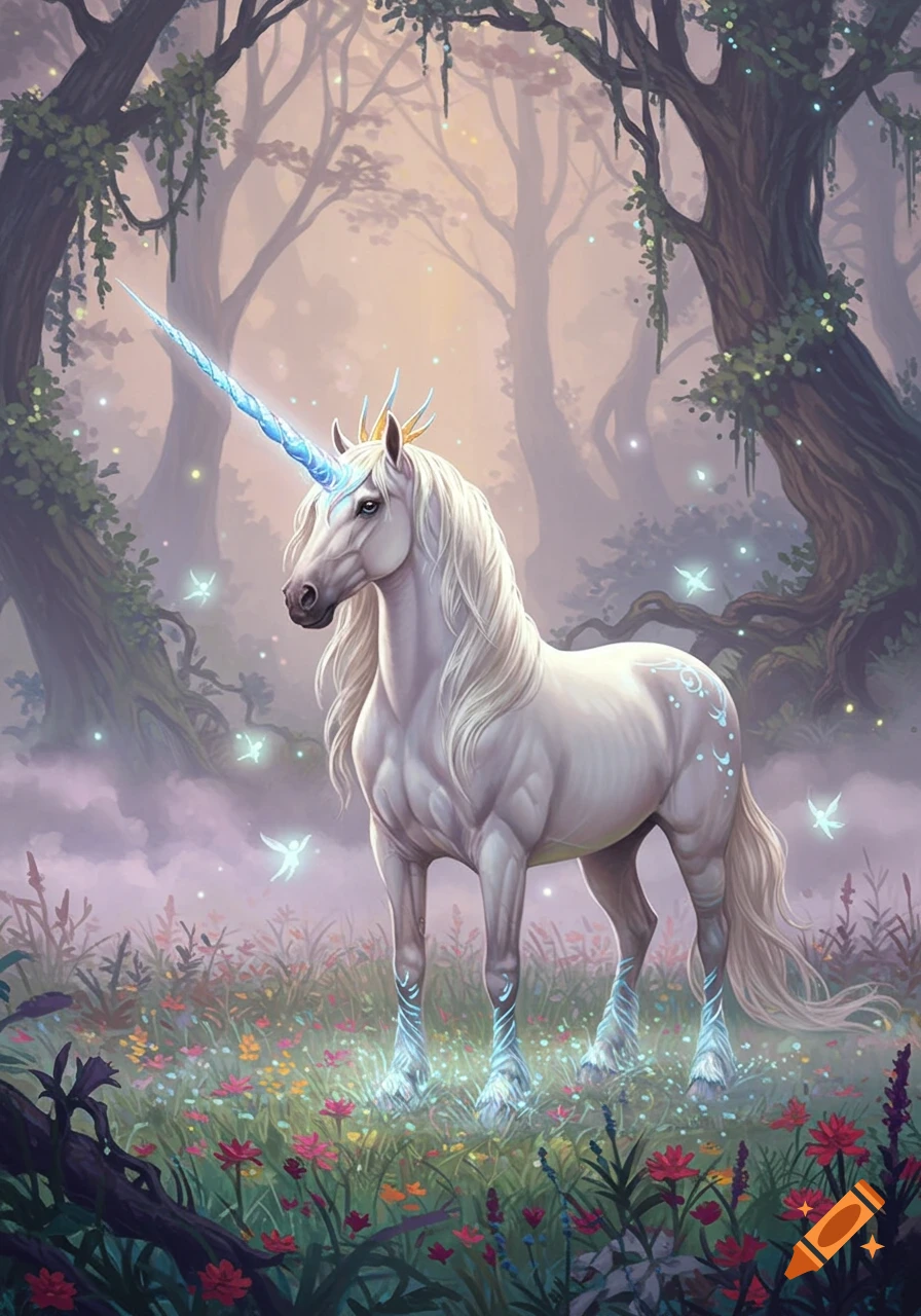 A majestic white unicorn with a glowing blue horn and hooves stands in a magical, misty forest filled with flowers and glowing fairies.
