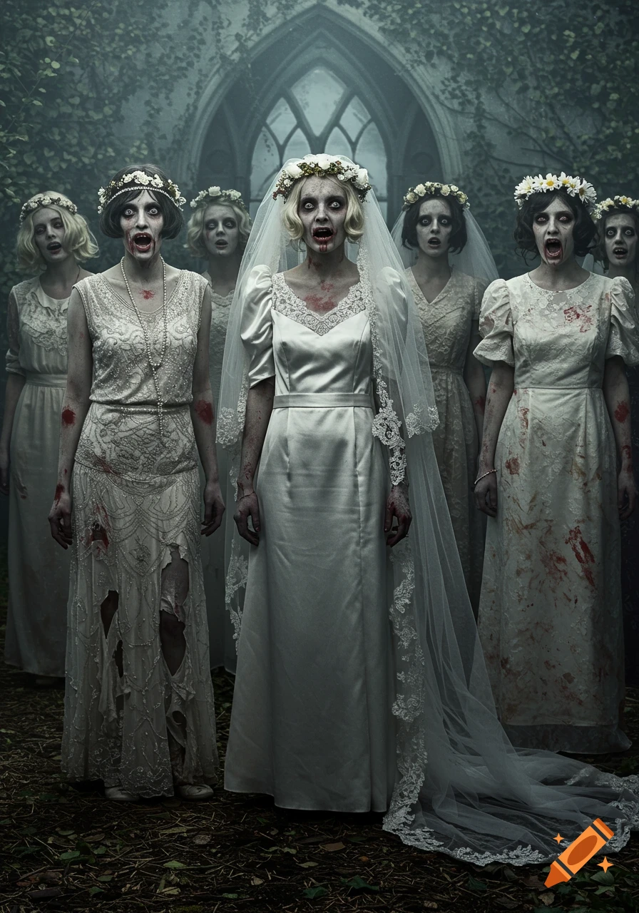 A group of zombie brides with white eyes and bloody mouths, wearing tattered wedding dresses, stand in a foggy, overgrown forest with a gothic archway.