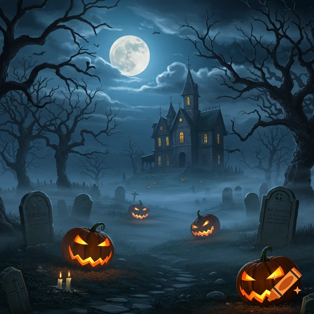 A full moon illuminates a spooky haunted house and graveyard with glowing jack-o'-lanterns and bare trees at night, in a painterly style.