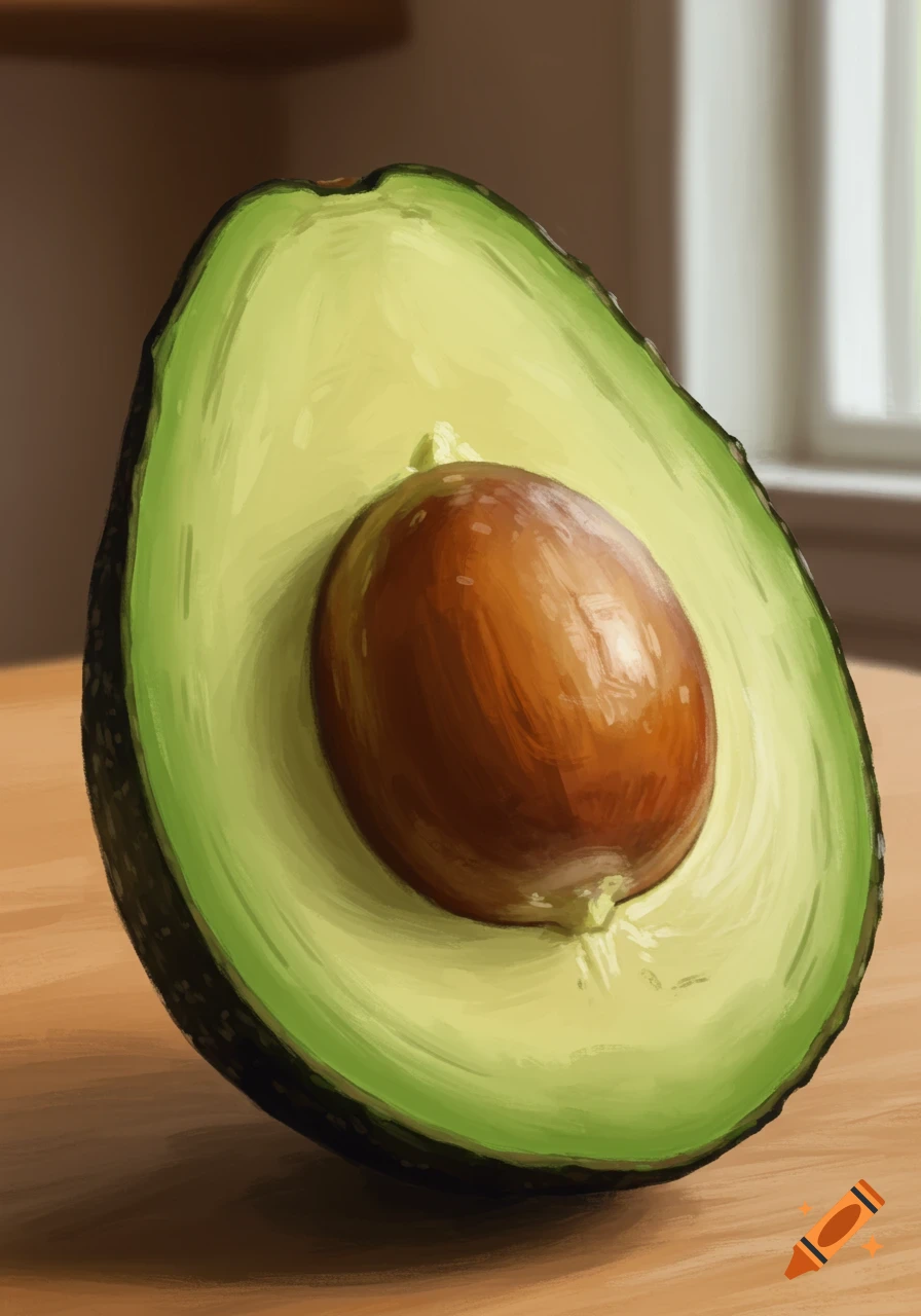 A vibrant digital painting of a halved avocado, pit visible, resting on a wooden surface.