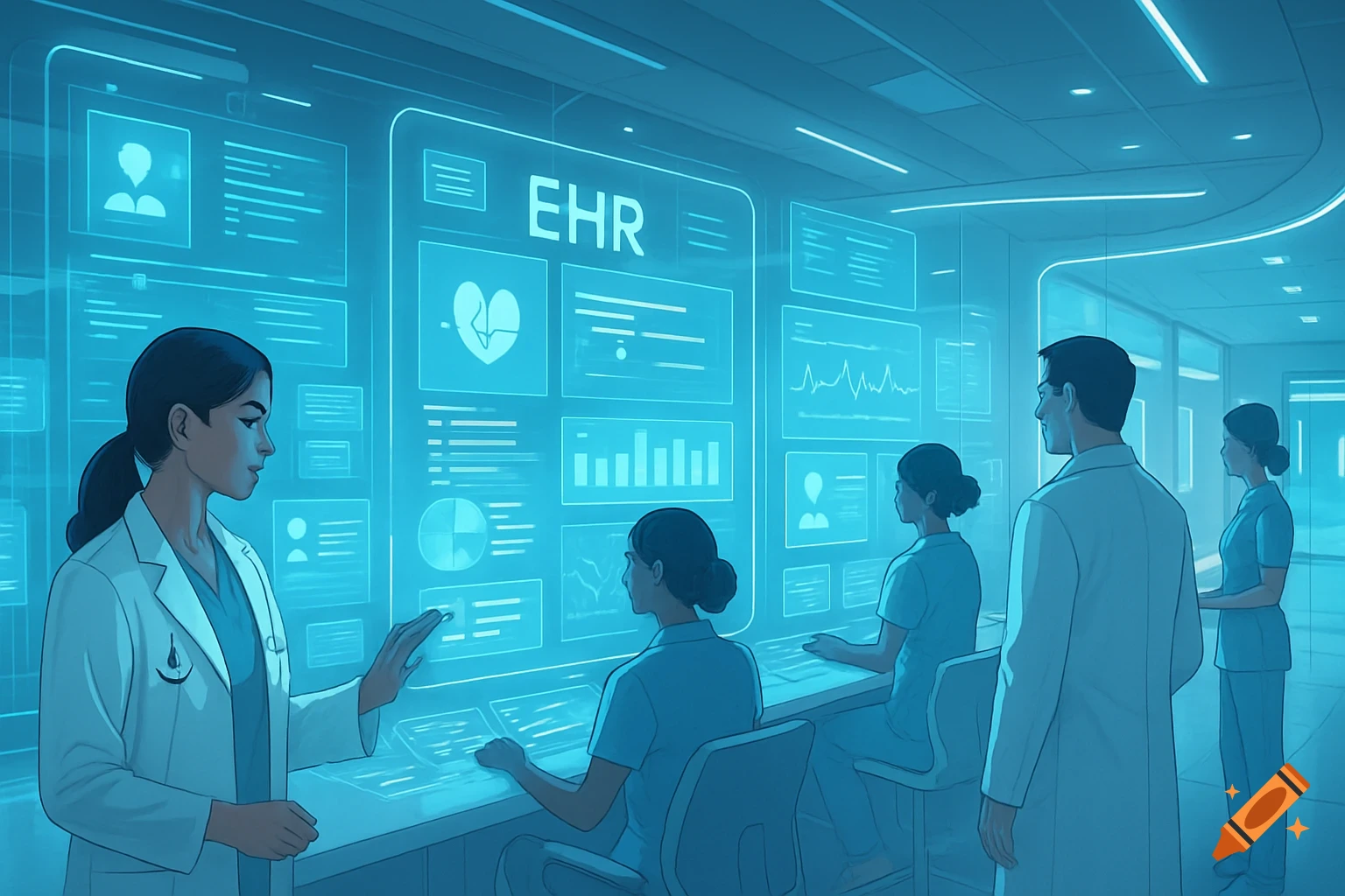 Healthcare professionals in a futuristic facility interacting with holographic screens displaying medical data.