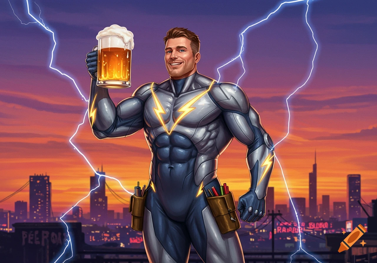 Muscular superhero in a gray and blue suit with lightning bolts, holding a frothy beer mug against a sunset cityscape with lightning.