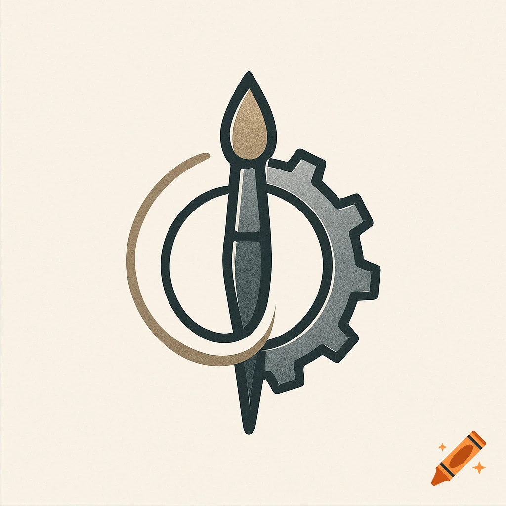 A minimalist logo featuring a paintbrush, a gear, and a circular arc on an off-white background.
