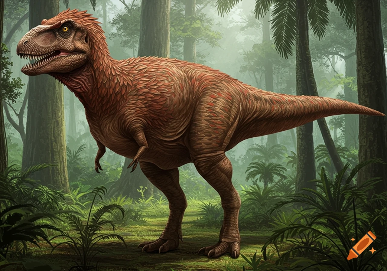 A photorealistic depiction of a feathered Tyrannosaurus rex standing in a lush prehistoric forest.