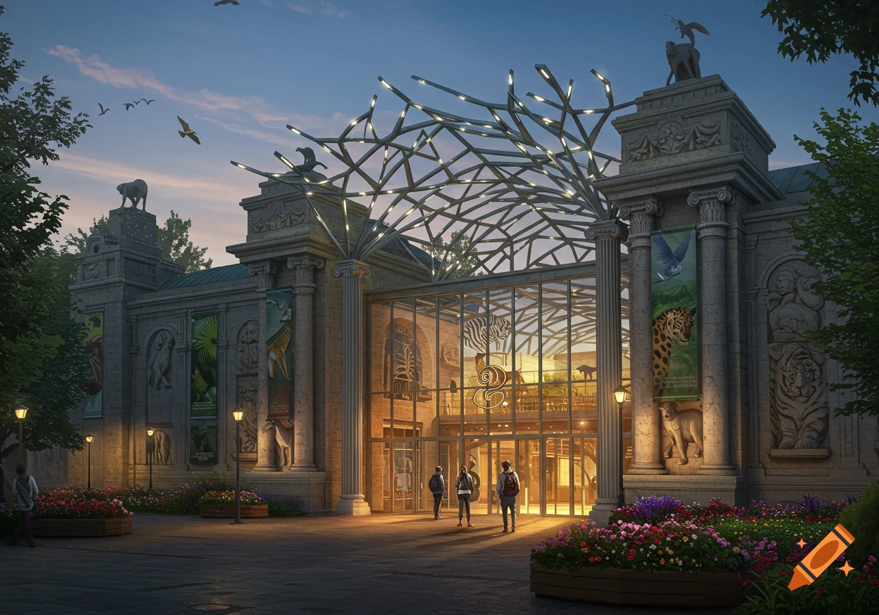 A modernized classical zoo entrance with a glass and metal tree-like canopy at dusk. People walk towards the brightly lit building with animal reliefs and banners.