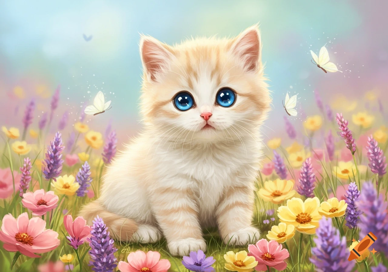 A cute, fluffy orange and white kitten with big blue eyes sits in a vibrant field of colorful flowers with butterflies.