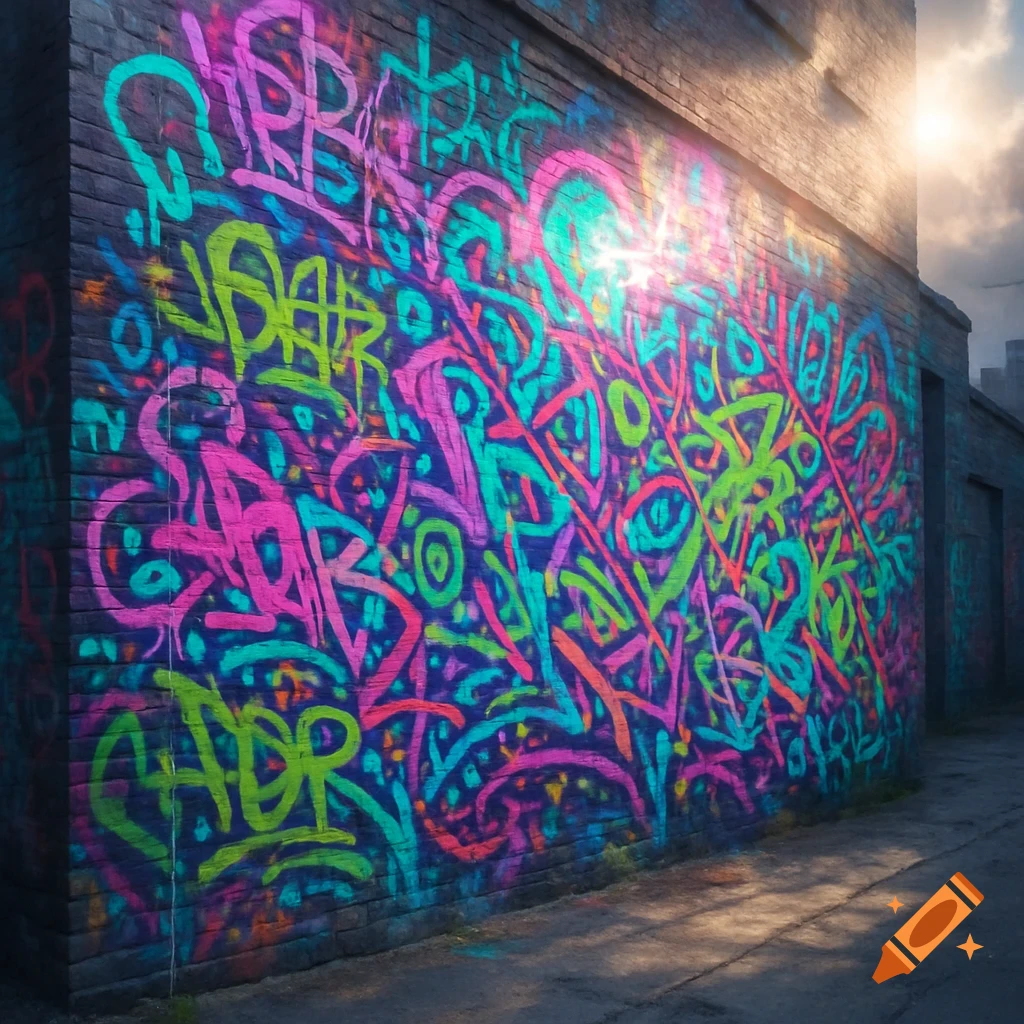 A vibrant, colorful graffiti mural covers a brick wall in an alley, illuminated by bright sunlight.