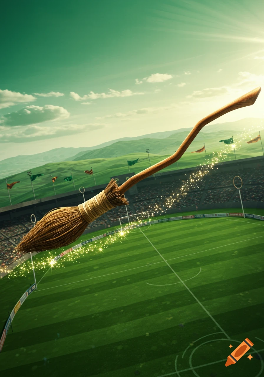 A Harry Potter Firebolt broomstick flies over a Quidditch stadium with green fields, mountains, and a bright, sunny sky.