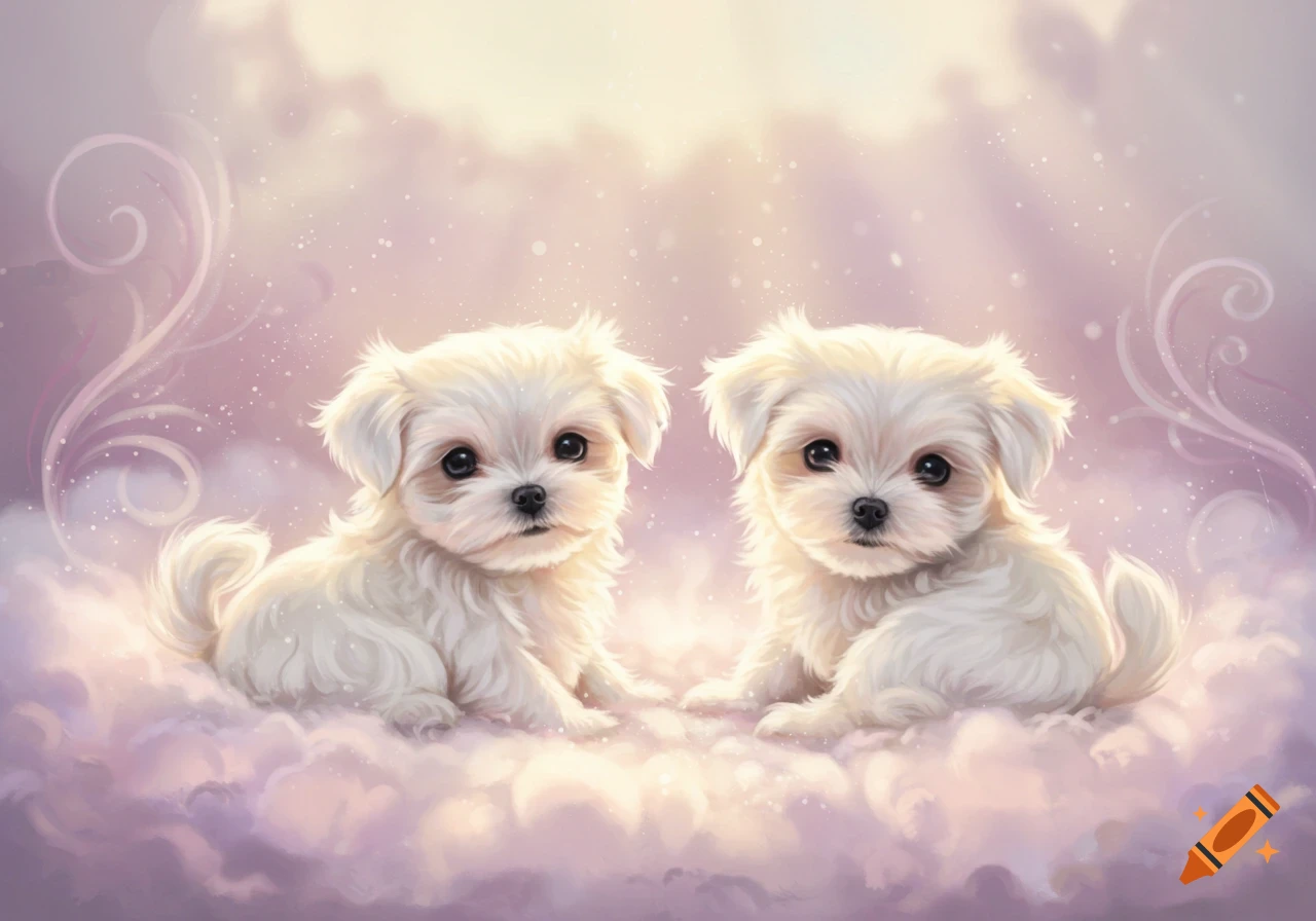 Two fluffy white puppies sit on soft purple and white clouds with a dreamy, light-filled background.