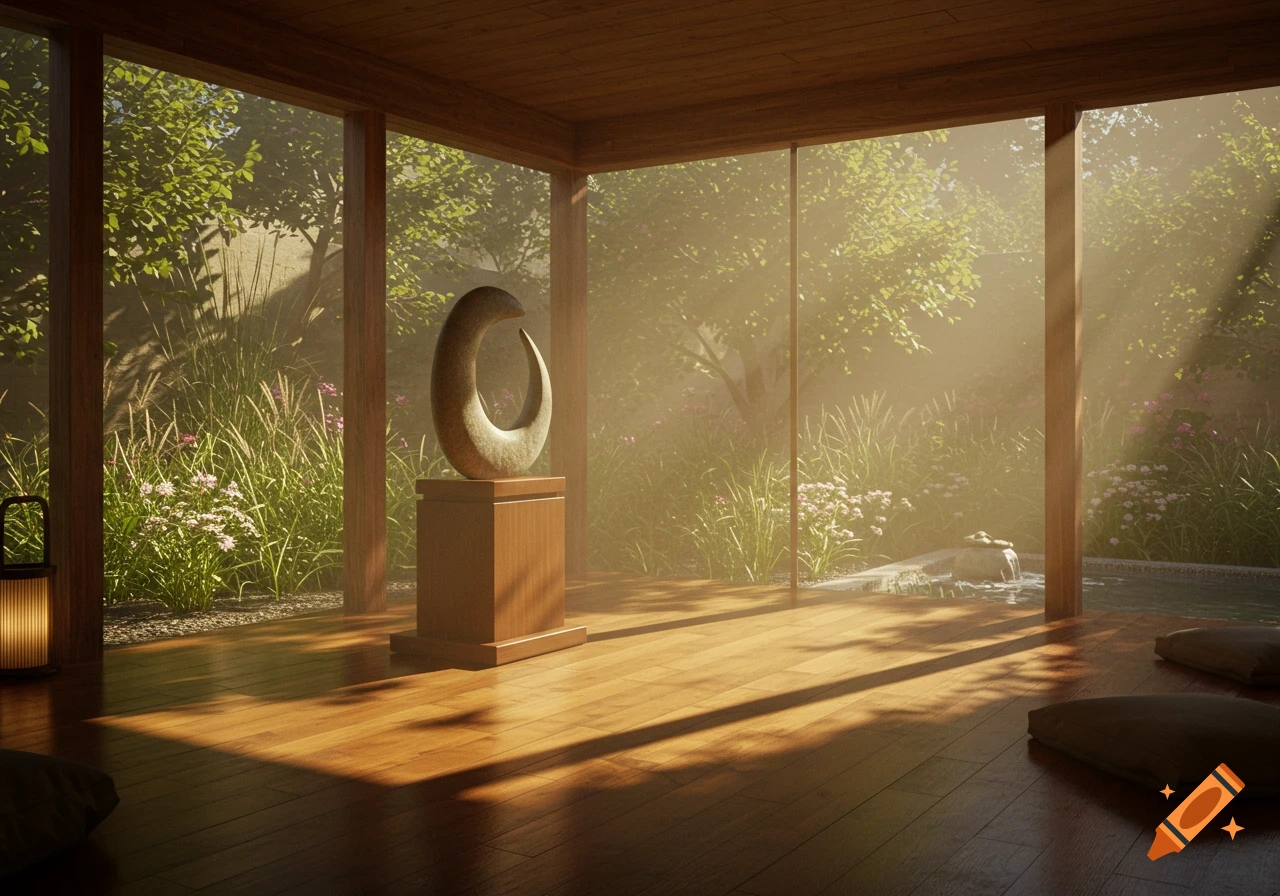 Serene room with wooden floors, large windows, a stone sculpture, and lush garden view, bathed in natural light.