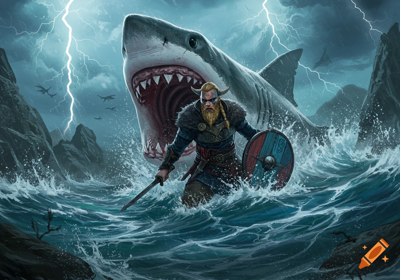 A furious Viking warrior with a sword and shield battles a giant shark in a stormy sea under lightning, digital painting.