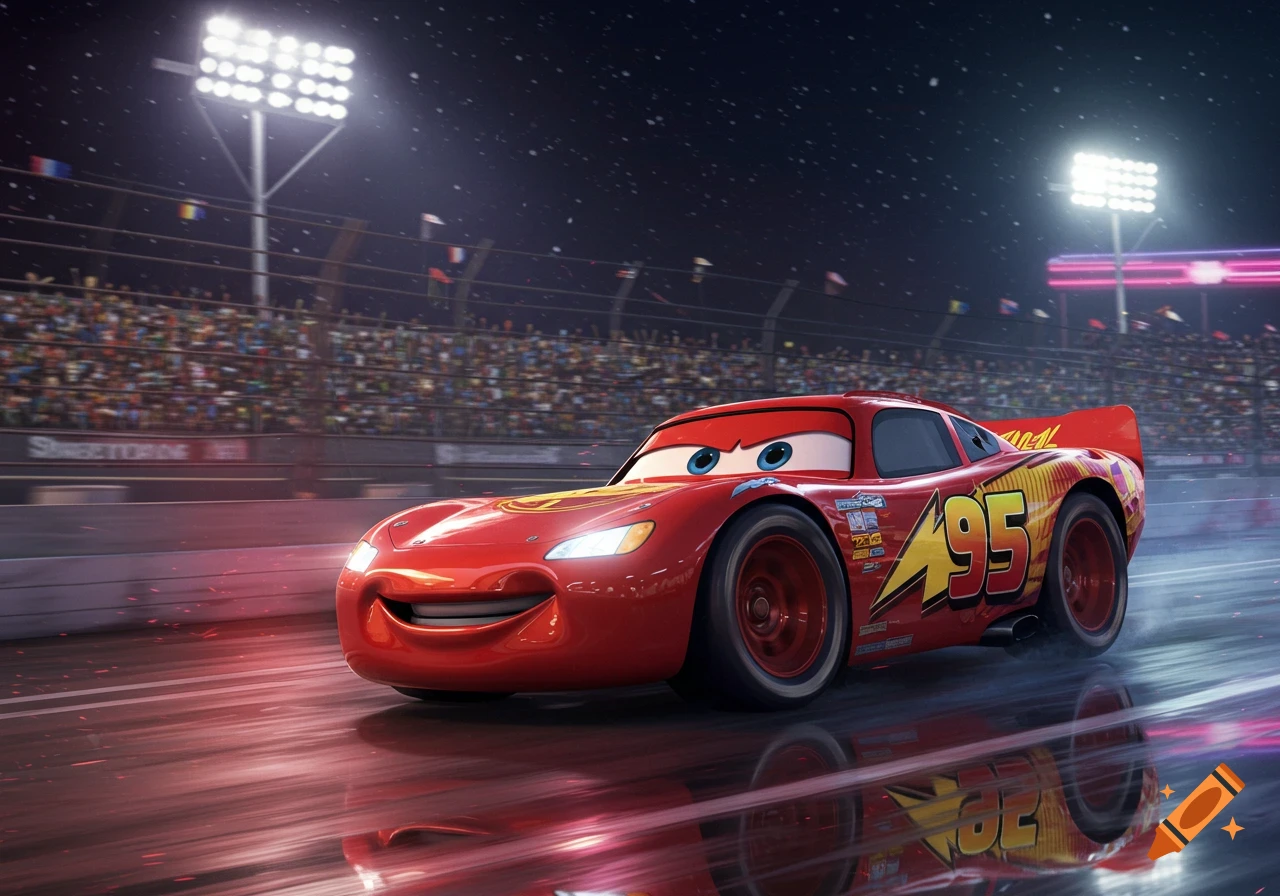 Lightning McQueen speeds down a race track at night, stadium lights illuminating the detailed red car with "95" and a lightning bolt.