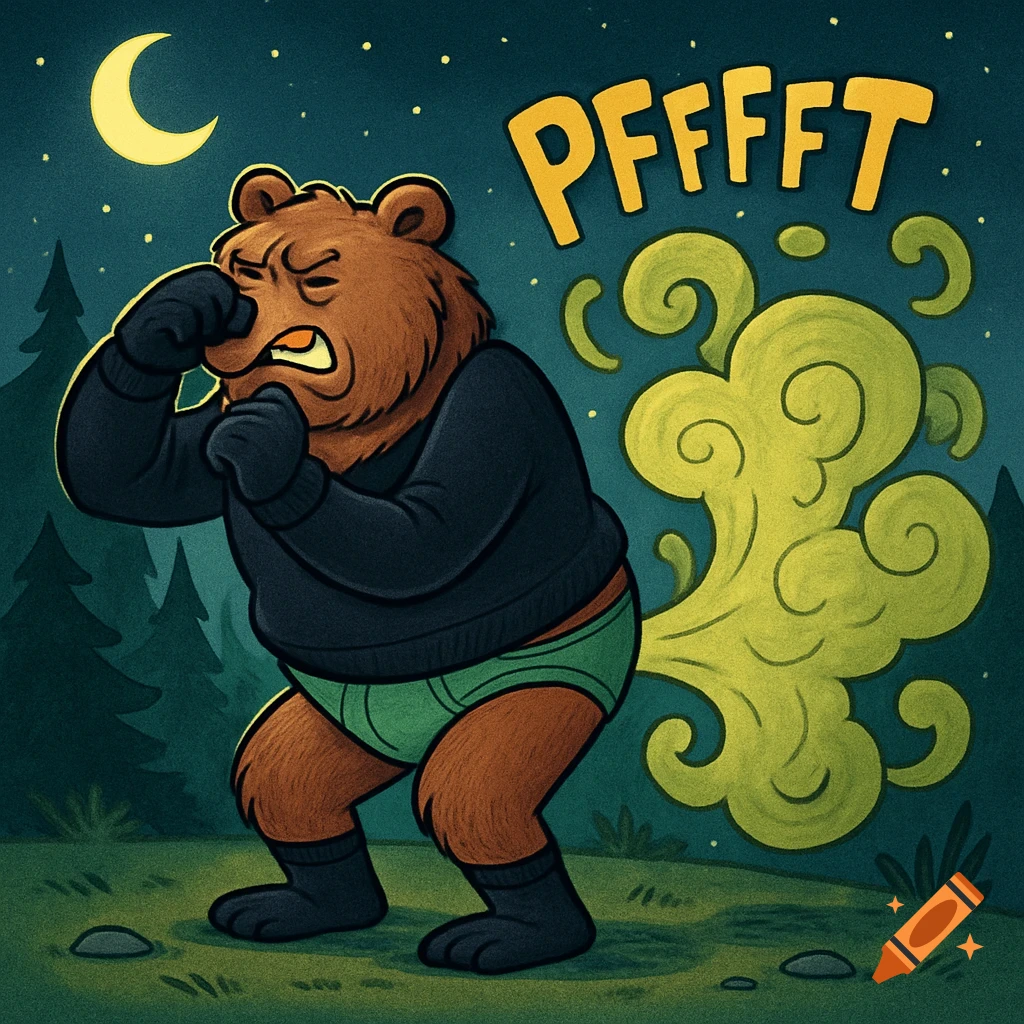Cartoon grizzly bear holding its nose while farting loudly, wearing a black sweater and green briefs at night in a forest with PFFFFT text.