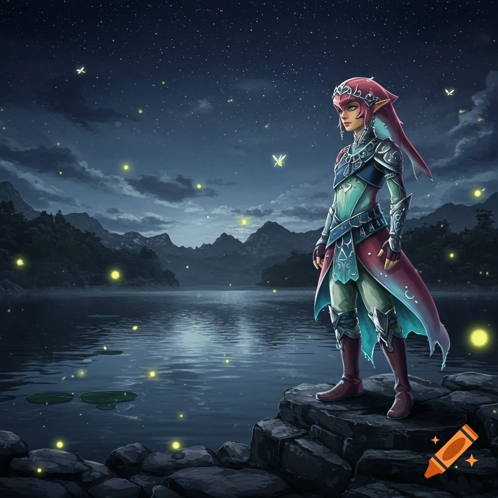 Fantasy art of Link as Mipha, in armor, standing on rocks by a lake with fireflies under a starry night sky.