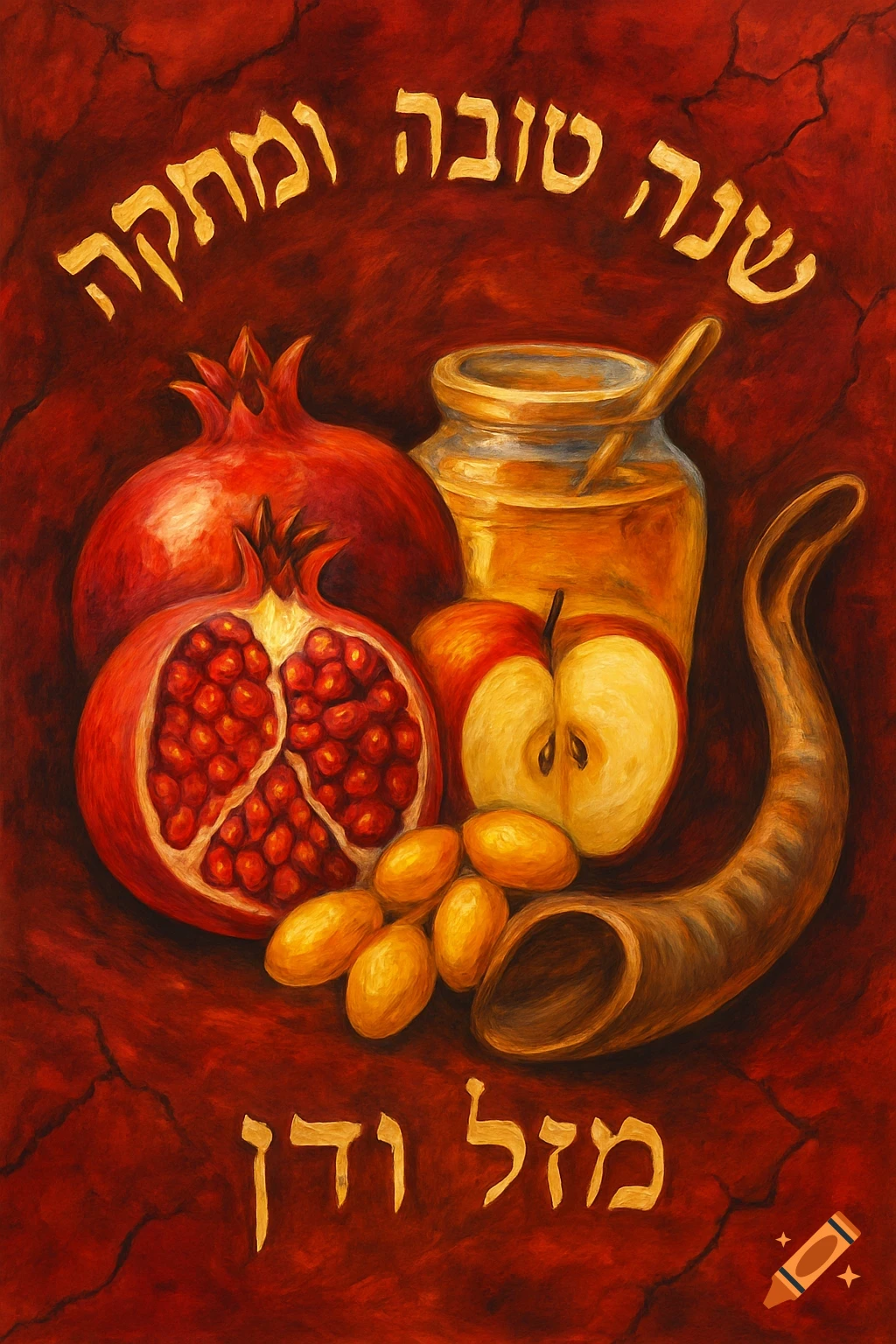 An oil painting of Rosh Hashanah symbols: pomegranates, honey jar, apple halves, dates, and a shofar, against a rich red background with Hebrew text.