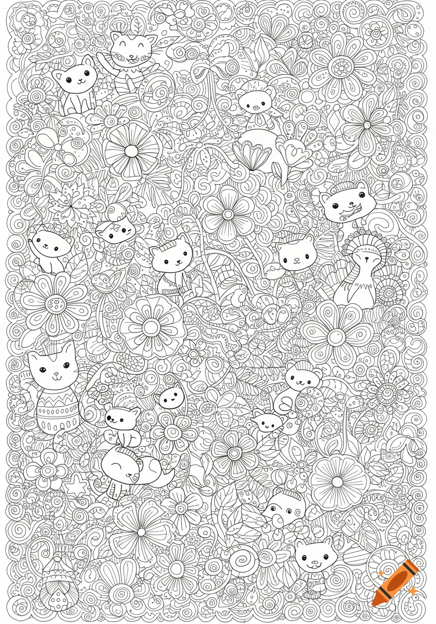 A detailed black and white doodle coloring page featuring many cute cartoon cats hidden among intricate flowers and swirling patterns.