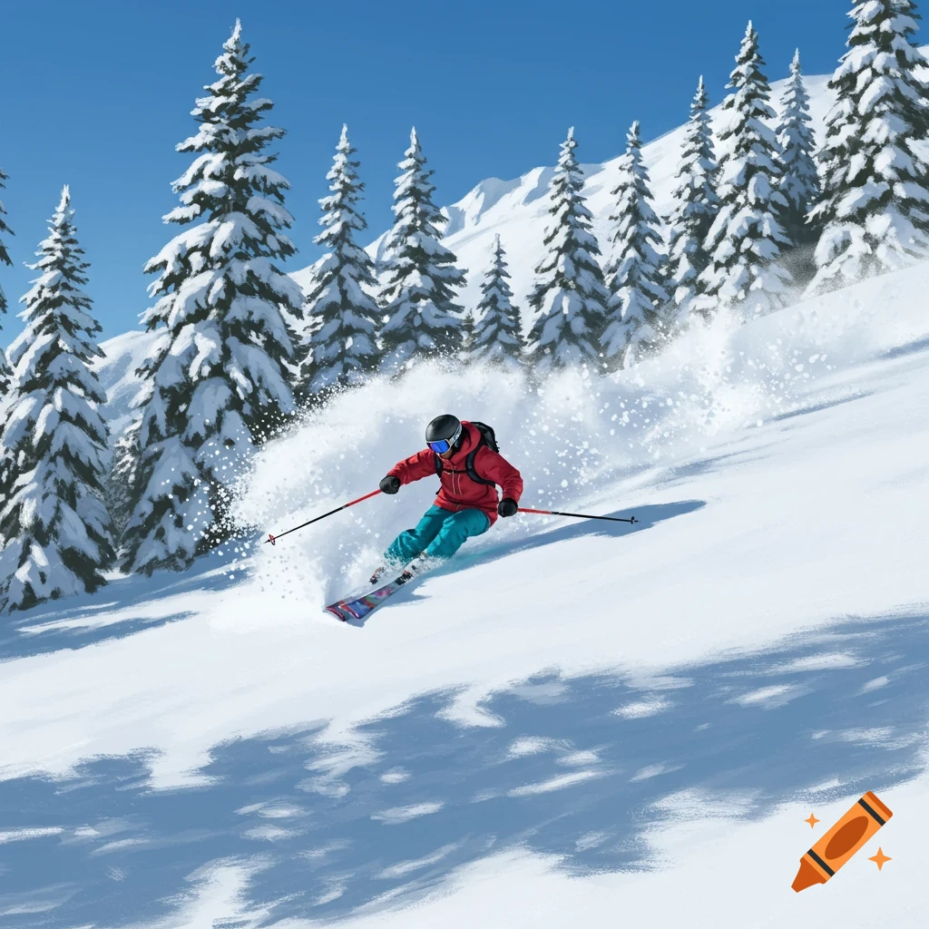 A freeride skier in a red jacket and blue pants carves down a snowy mountain slope, kicking up fresh powder, with snow-covered pine trees in the background.