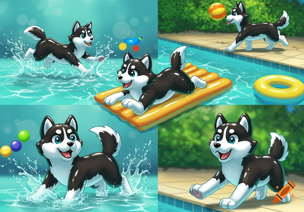 A cartoon husky puppy playing in multiple poses in and around a swimming pool, splashing and on an inflatable.