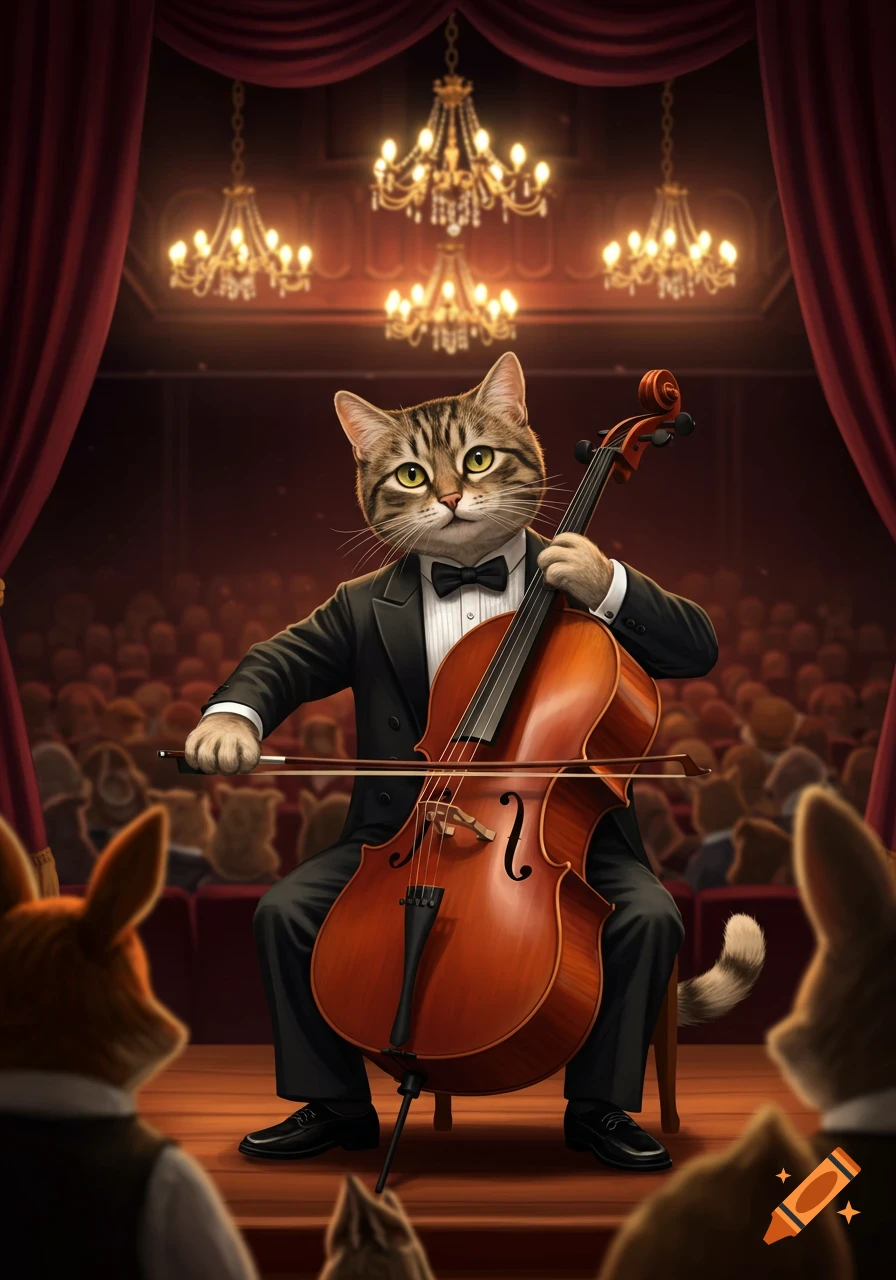 A tabby cat in a tuxedo plays a cello on stage in an elegant opera house, with an audience of blurred animal figures.