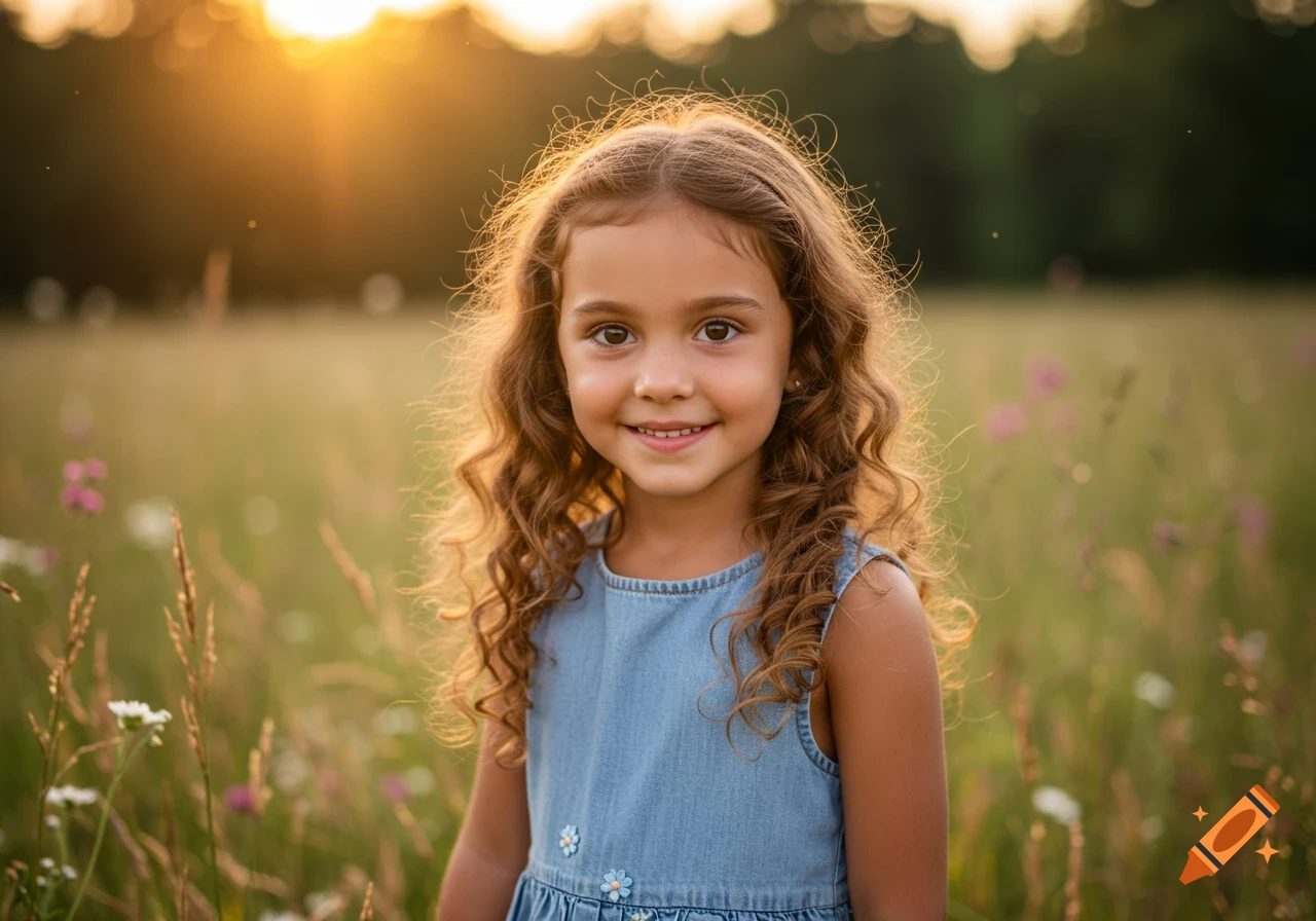 A photorealistic portrait of a young girl with curly hair, smiling in a sunny field at sunset.