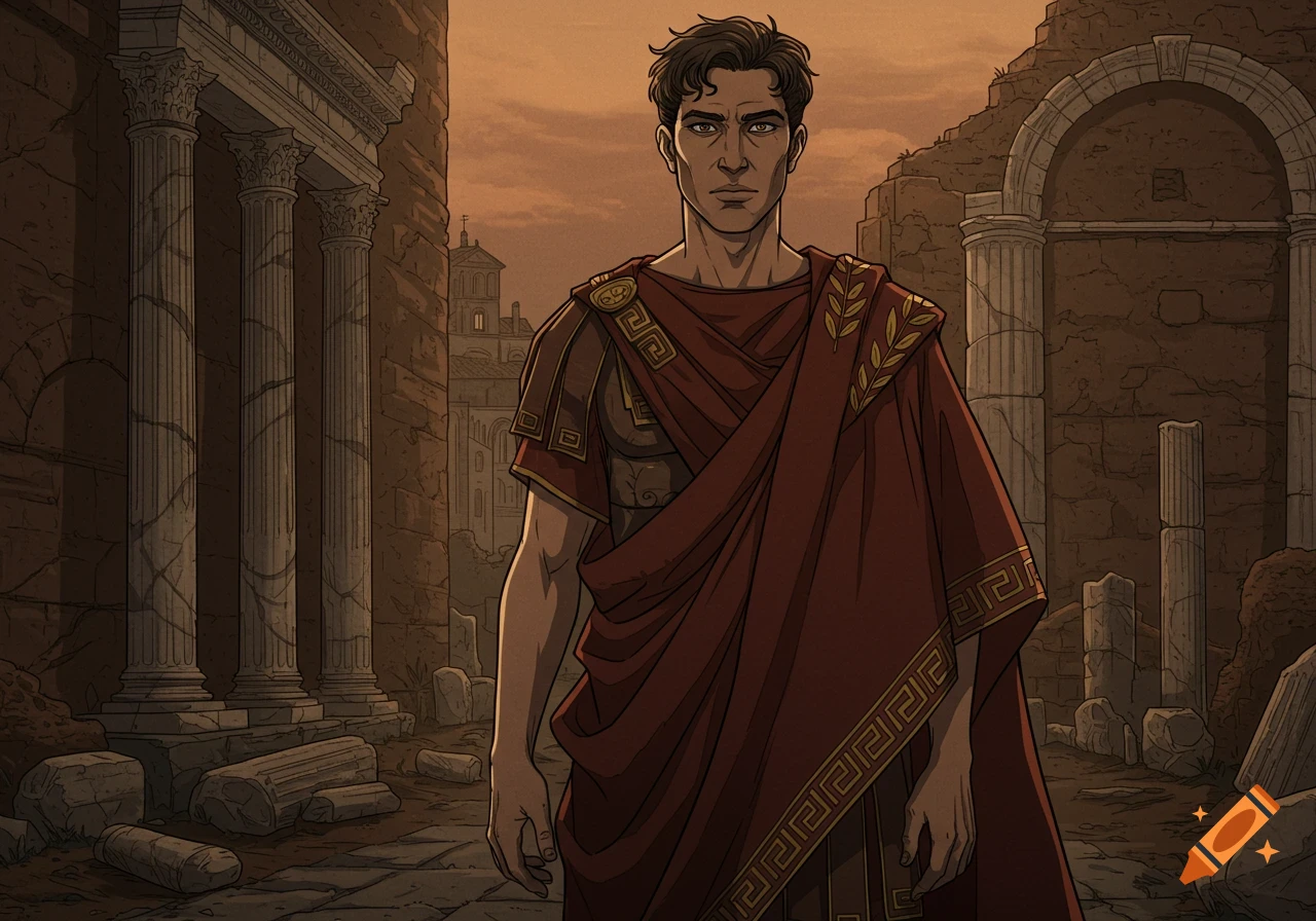 A man in Roman armor and toga stands in ancient ruins, depicted in a detailed comic book style.