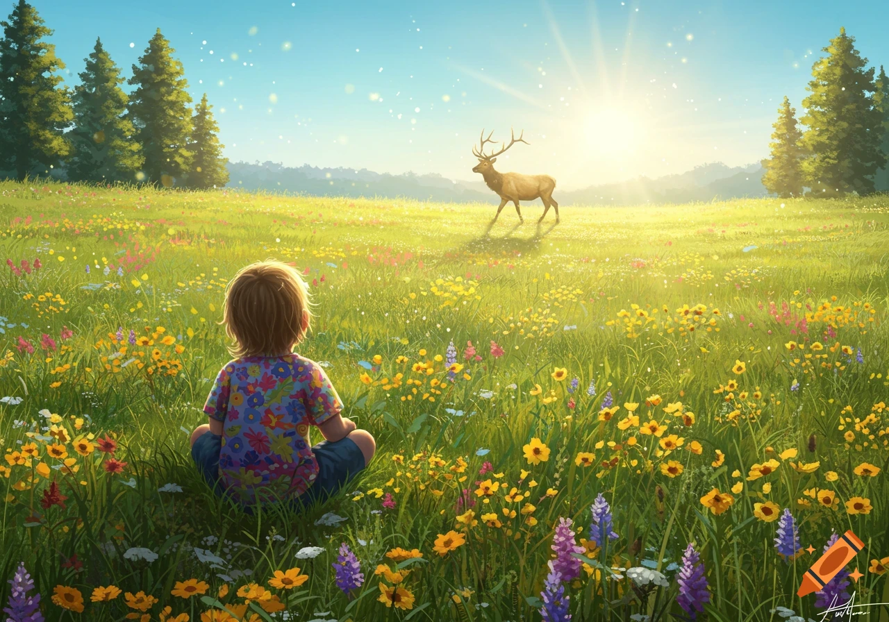 A child sits in a sunny meadow filled with wildflowers, watching an elk walk in the distance. Illustrated style.