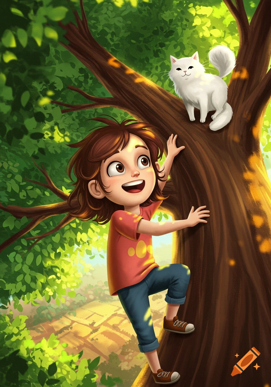 A happy cartoon girl climbing a sunny tree towards a white fluffy cat, digital art.