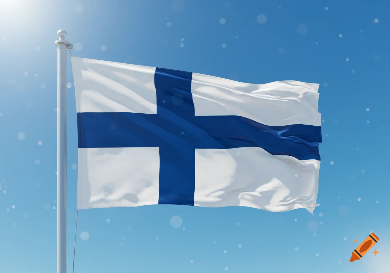 The flag of Finland, white with a blue Nordic cross, waving against a bright blue sky.