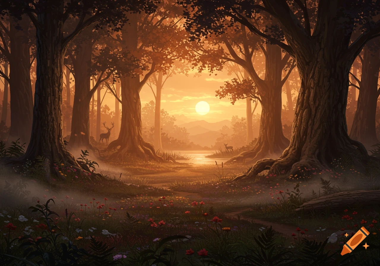 Misty forest illustration at sunset with deer by a tranquil river.
