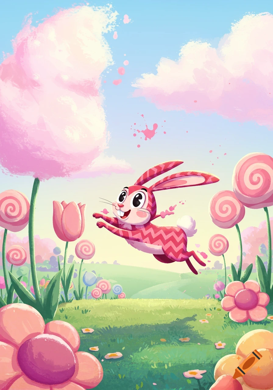 Vibrant whimsical cartoon of a pink zigzag-patterned rabbit leaping through a fantasy landscape with lollipop flowers and cotton candy clouds.