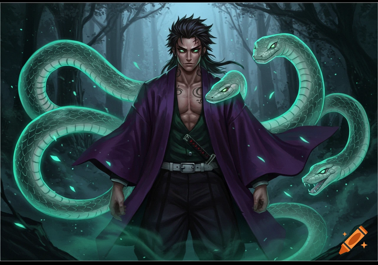 Anime male character with black hair, purple haori, and green eyes stands in a dark forest surrounded by glowing green snakes.