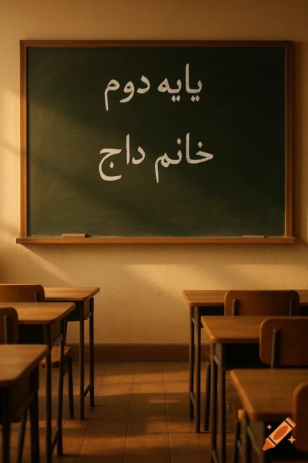 A classroom with a green blackboard displaying Farsi text in white chalk, and rows of wooden desks in warm lighting.