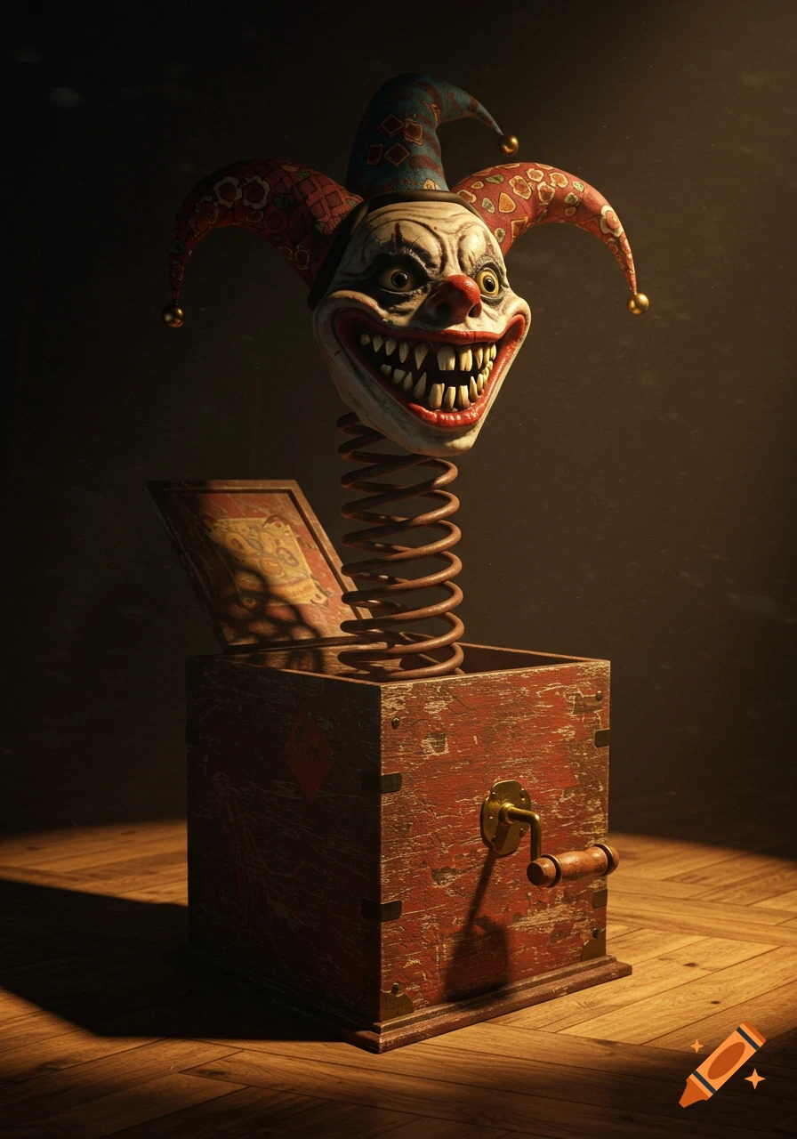 A creepy vintage jack-in-the-box with a jester clown head featuring sharp teeth and yellow eyes, emerging from a wooden box.