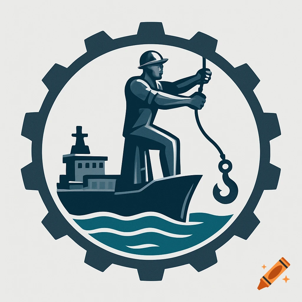 2D graphic logo of an offshore worker on a boat pulling a winch cable with a hook, set within a large gear.