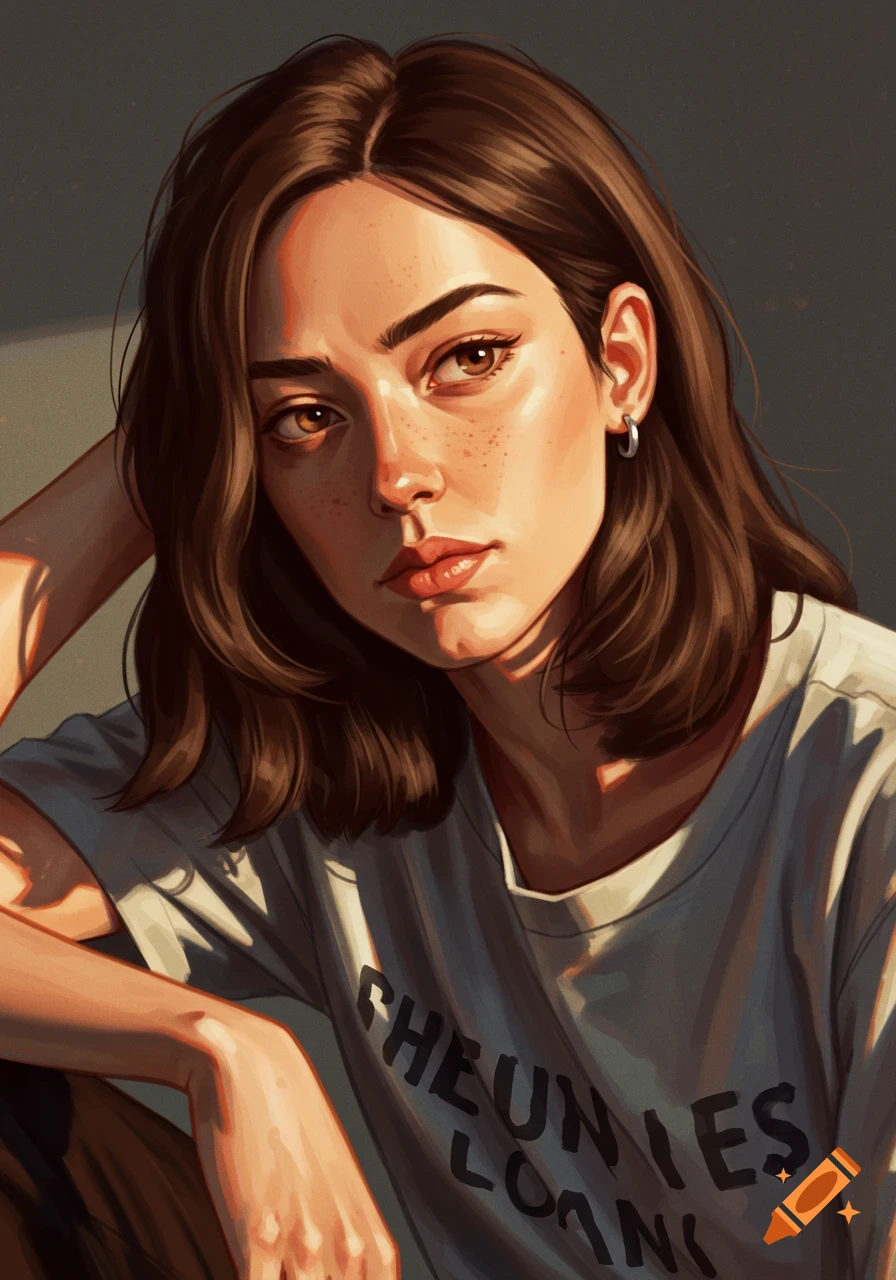 Semi-realistic illustration of a woman with brown hair and freckles, wearing a white t-shirt, bathed in warm sunlight.